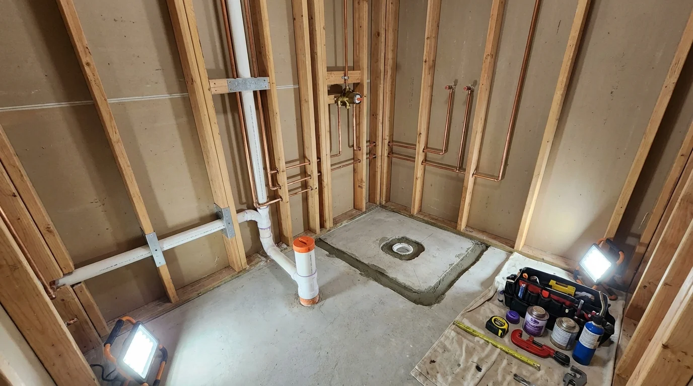 Bathroom rough-in plumbing during remodel by Johns Plumbing LLC in Shullsburg
