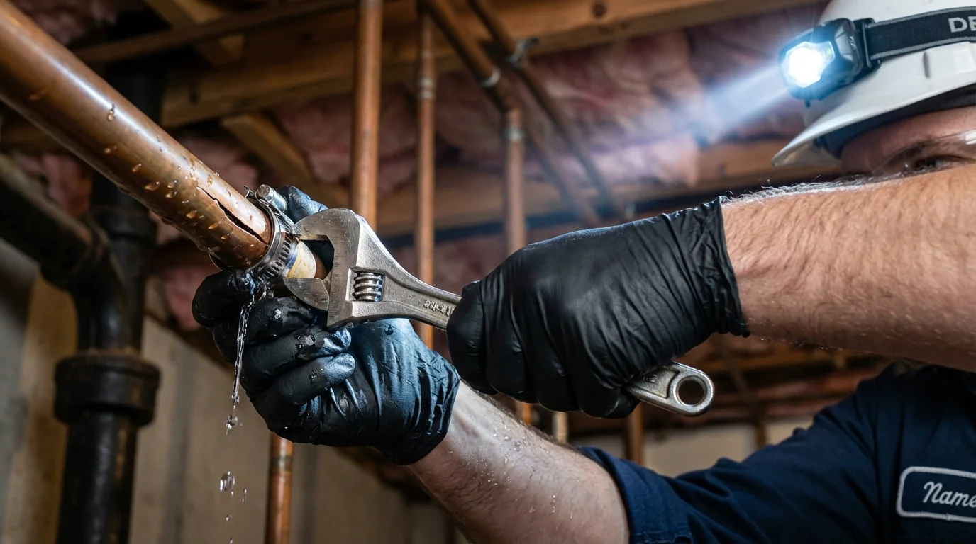Emergency pipe clamp repair being performed by a Johns Plumbing LLC plumber in Shullsburg