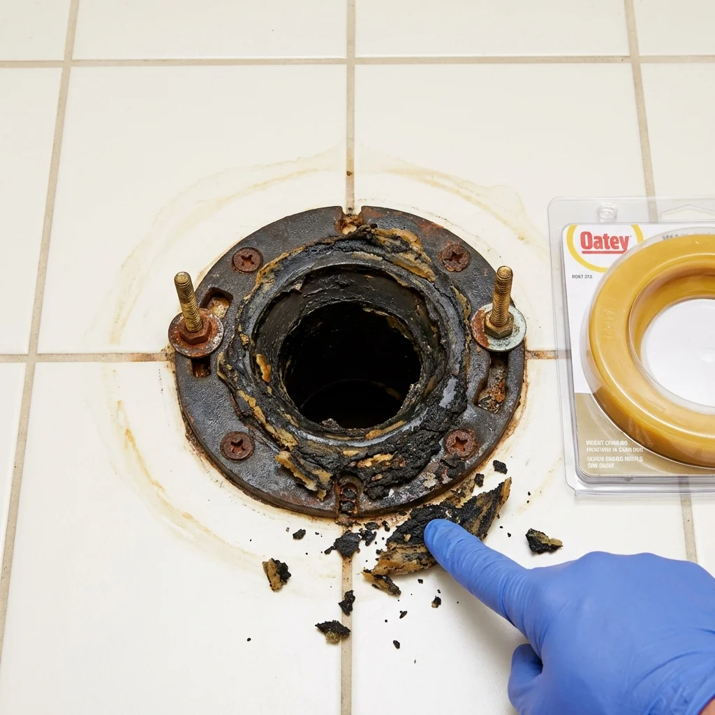 Failed wax ring showing water seepage at the base of a toilet in a Shullsburg, WI home