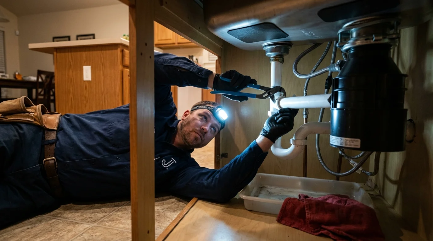 P-trap and supply line connections under a kitchen sink showing a common leak point in Shullsburg, WI